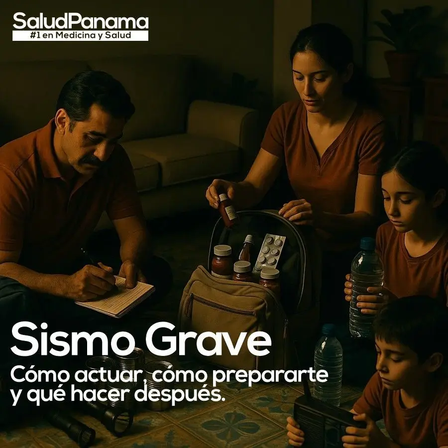 Familia empacando un kit de emergencia en casa con suministros como agua, comida, linterna y botiquín, como parte de la preparación ante un sismo grave.